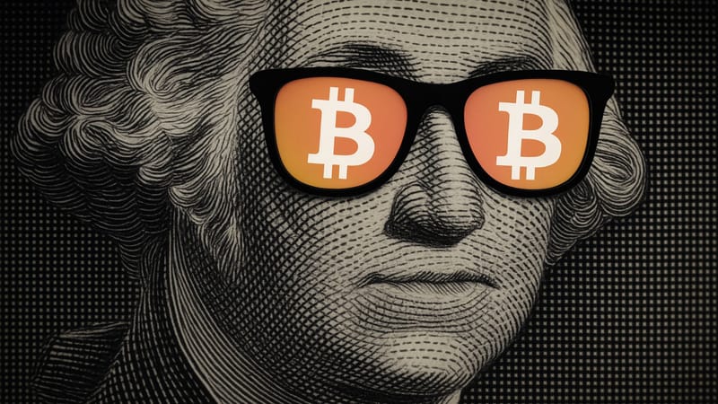 an image of george washington with glasses that include the bitcoin logo for the article Will Bitcoin Price Change After The New U.S. Crypto Reserve?