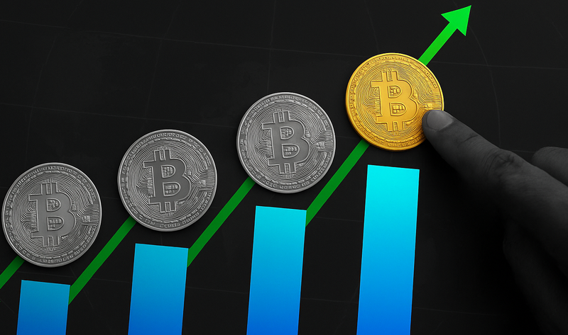 a graphic with crypto coin Bitcoin showing an upright trend